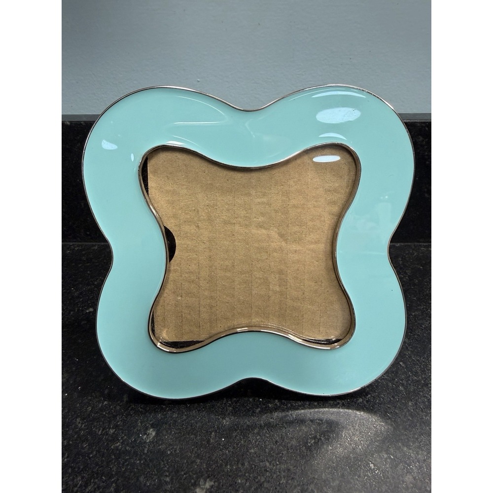 Jonathan Adler Aqua Turquoise Enamel Quatrefoil Picture Frame Silver Trim